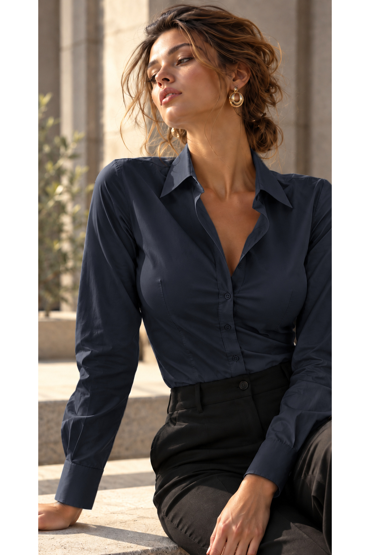 Lacivert Slim Fit Pensli Gömlek